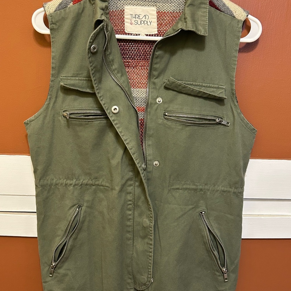 Thread & Supply ladies olive green utility vest with tribal knit back, size XS. - Picture 3 of 10